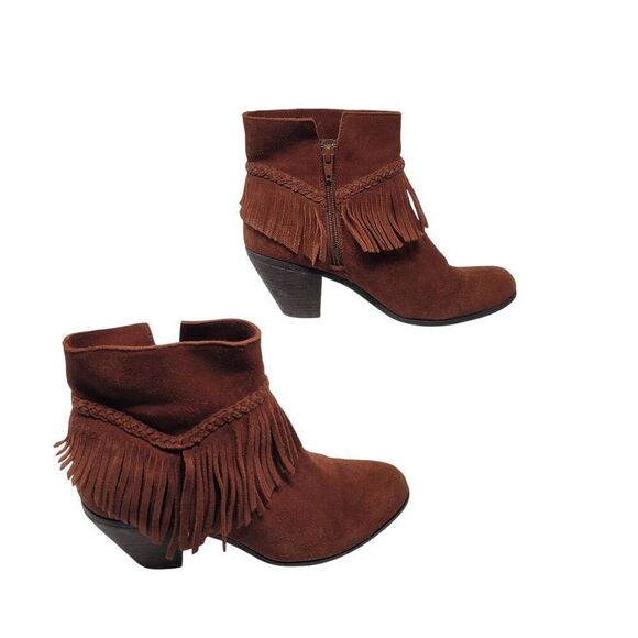 Gianni Bini Rust Brown Suede Fringe Western Ankle Booties 9 Leather Heeled Boot - Picture 7 of 13